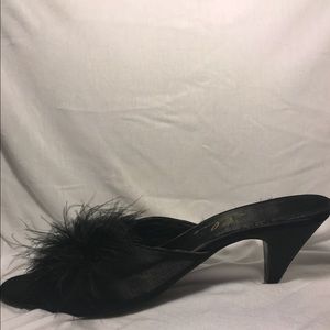 Carrie Bradshaw-like BLACK SATIN AND FEATHER heels